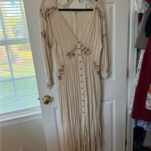 Free People Cream Embroidered Midi Dress